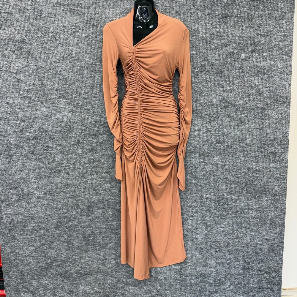 A.L.C. James Dress Womens Medium Brown Rawhide Ruched Long Sleeve Bodycon Midi‎